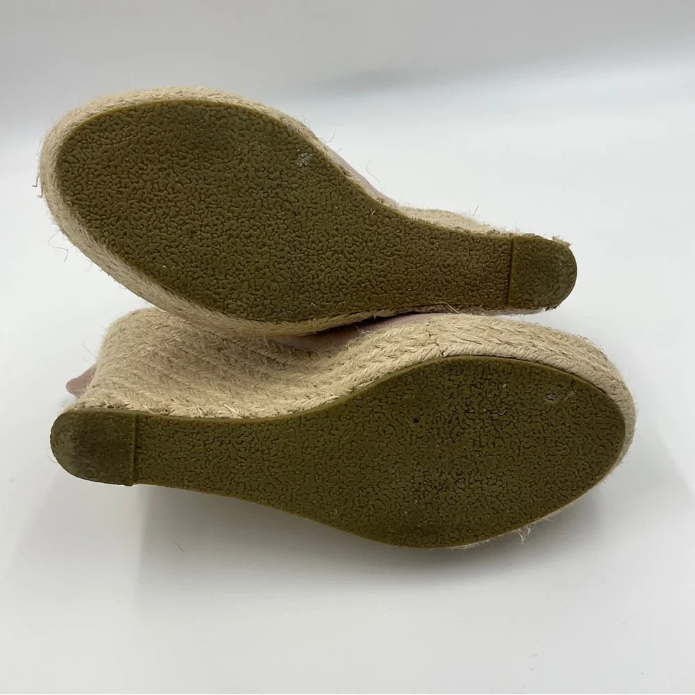 Refresh EUC Miya Pink Suede Espadrille Wedges Ribbon Tie Back Open Toe Size 8.5